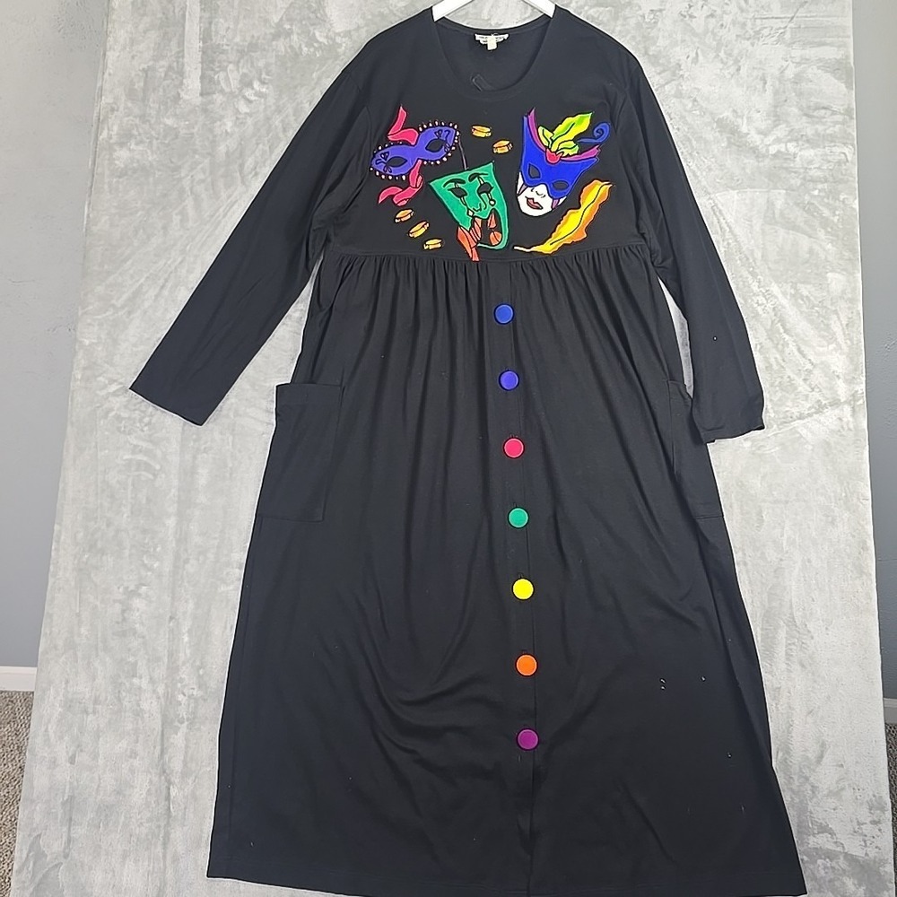 Silkscapes VTG Mardi Gras Theatre Drama Maxi Dress 1x/2x Black‎ Artsy Teacher